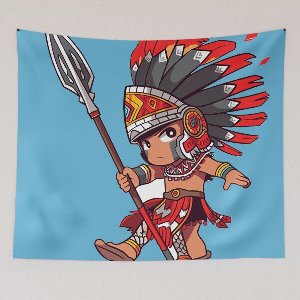 Item preview, Valiant Aztec Warrior - Traditional Spear and Feathered Attire Illustration designed and sold by PaintbrushPlace.