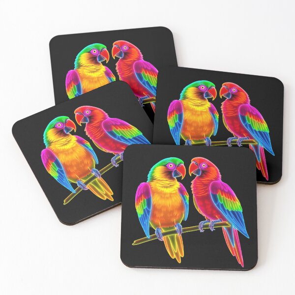 Item preview, Neon Tropical Parrots – Vibrant Rainbow Macaws Digital Art | Luminous Wildlife Illustration on Black designed and sold by PixelVibe782.