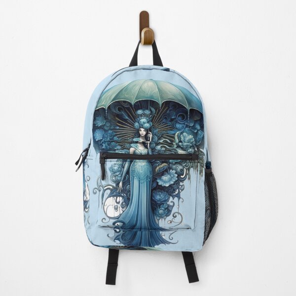 Item preview, Enchanting Blue Peacock Lady with Floral Umbrella Art designed and sold by PaintbrushPlace.