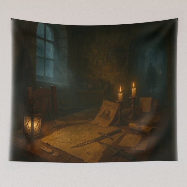 Item preview, The Bounty Hunter’s Inn • Candlelit Medieval Tavern Scene with Maps, Relics & Secrets | Fantasy Wall Art for RPG & Gothic Decor designed and sold by fairmaiden7.