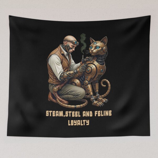 Item preview, Steam, Steel and Feline Loyalty – Steampunk cat and Cyborg engineer designed and sold by SidTastic .