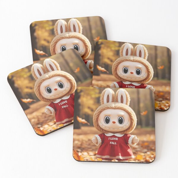 Item preview, I Love Fall – Cute Labubu in Red Dress Standing on Autumn Leaves designed and sold by EmeraldeaDesign.