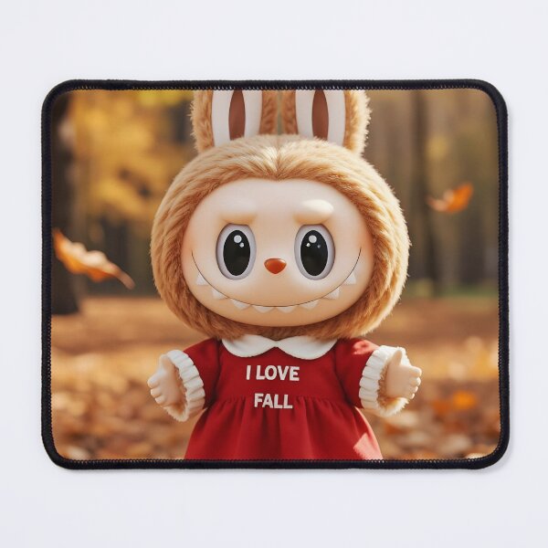 Item preview, I Love Fall – Cute Labubu in Red Dress Standing on Autumn Leaves designed and sold by EmeraldeaDesign.