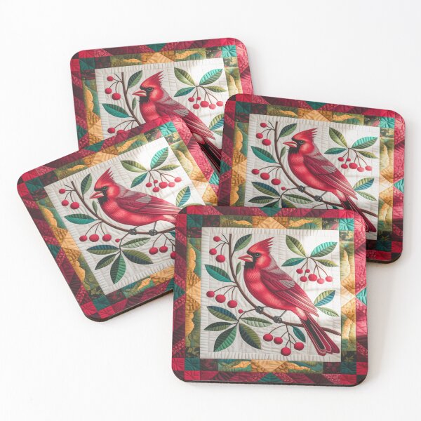 Item preview, Cardinal Bird Quilt Throw Pillow and Blanket – Colorful Patchwork Design with Red Berries, Crimson Gold & Emerald Quilt Pattern designed and sold by ZyxDes.
