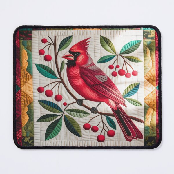 Item preview, Cardinal Bird Quilt Throw Pillow and Blanket – Colorful Patchwork Design with Red Berries, Crimson Gold & Emerald Quilt Pattern designed and sold by ZyxDes.