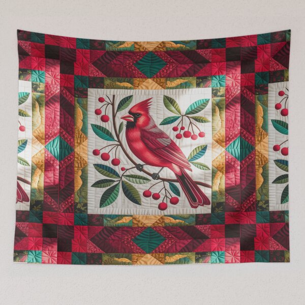 Item preview, Cardinal Bird Quilt Throw Pillow and Blanket – Colorful Patchwork Design with Red Berries, Crimson Gold & Emerald Quilt Pattern designed and sold by ZyxDes.