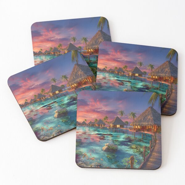 Item preview, Tropical Paradise with Overwater Bungalows at Sunset designed and sold by Artessie.