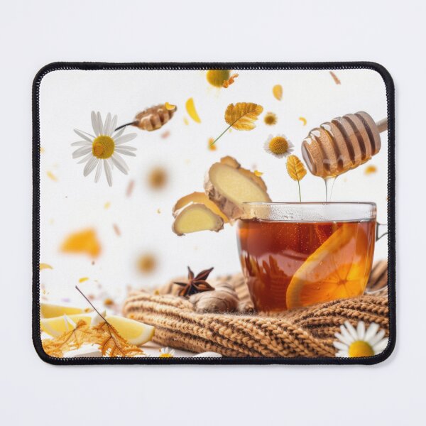 Item preview, Cup of herbal tea with floating ingredients including lemon, chamomile, and capsules, AI generated designed and sold by dvoevnore.