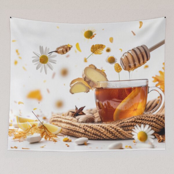 Item preview, Cup of herbal tea with floating ingredients including lemon, chamomile, and capsules, AI generated designed and sold by dvoevnore.
