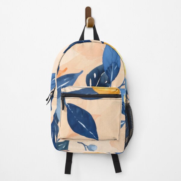 Item preview, Watercolor illustration of yellow lemons with blue leaves on peach background, AI generated designed and sold by dvoevnore.