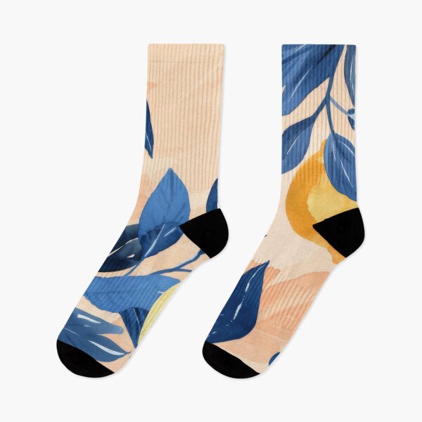 Item preview, Watercolor illustration of yellow lemons with blue leaves on peach background, AI generated designed and sold by dvoevnore.