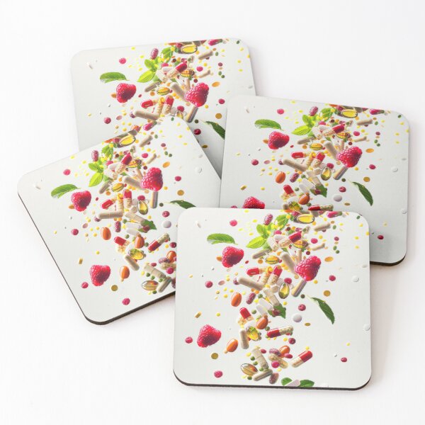 Item preview, Colorful pills, berries, and leaves falling with white background, health concept, AI Generated designed and sold by dvoevnore.