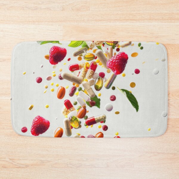Item preview, Colorful pills, berries, and leaves falling with white background, health concept, AI Generated designed and sold by dvoevnore.