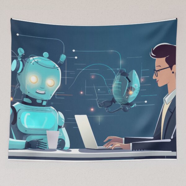Item preview, Man working on laptop with friendly robots in futuristic setting, AI generated  designed and sold by dvoevnore.