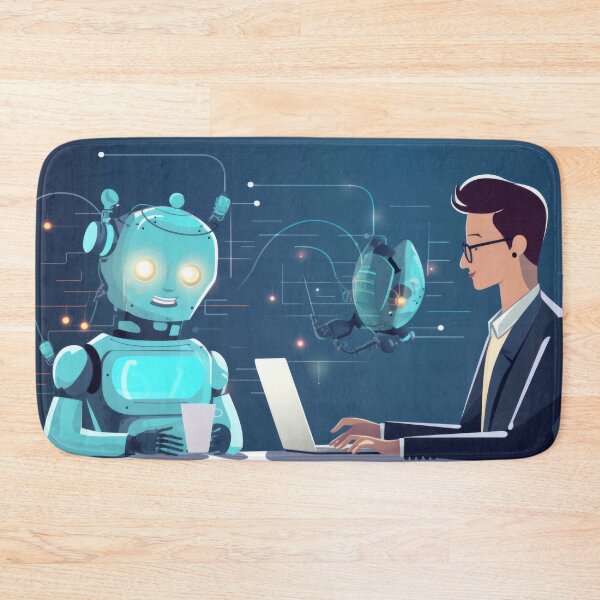 Item preview, Man working on laptop with friendly robots in futuristic setting, AI generated  designed and sold by dvoevnore.