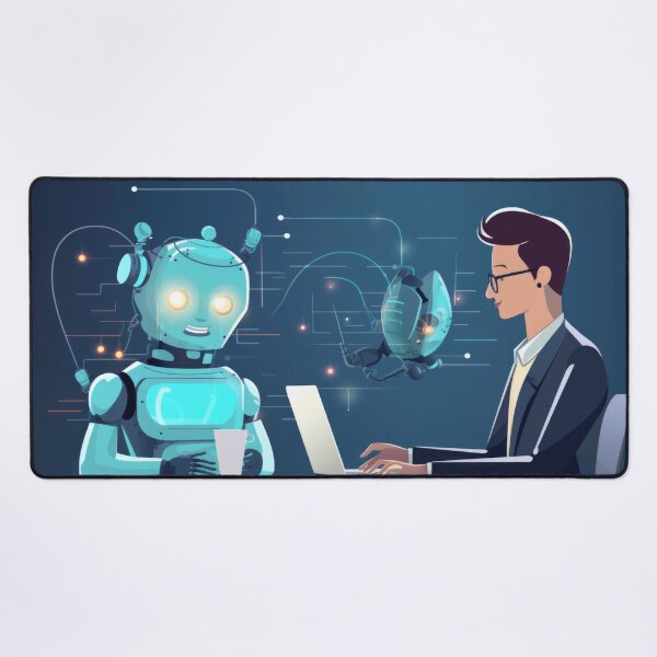 Item preview, Man working on laptop with friendly robots in futuristic setting, AI generated designed and sold by dvoevnore.
