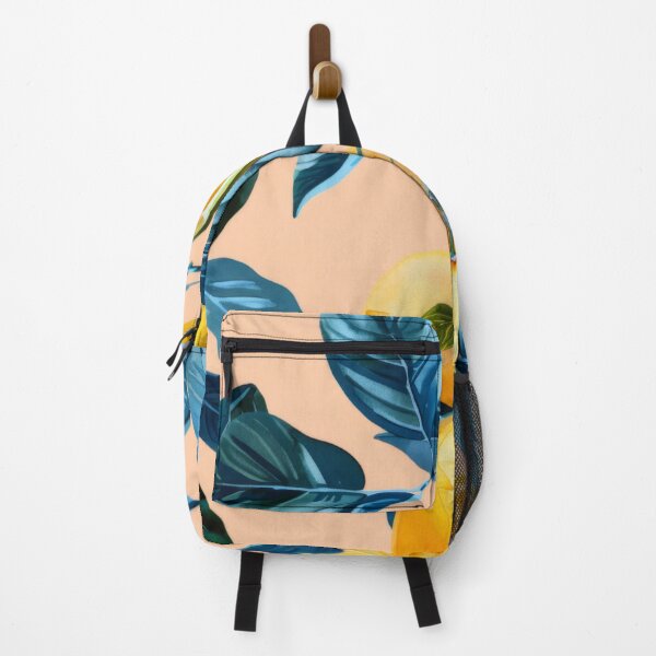 Item preview, Watercolor illustration of yellow lemons with blue leaves on peach background, AI generated designed and sold by dvoevnore.