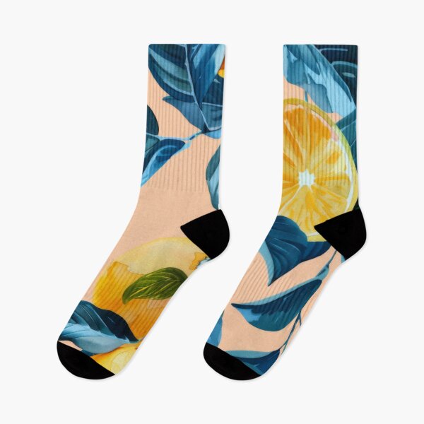 Item preview, Watercolor illustration of yellow lemons with blue leaves on peach background, AI generated designed and sold by dvoevnore.