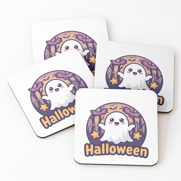 Item preview, Cute Halloween Ghost Sticker With Bats And Stars In A Purple Forest Backdrop designed and sold by KanDa-Shop.