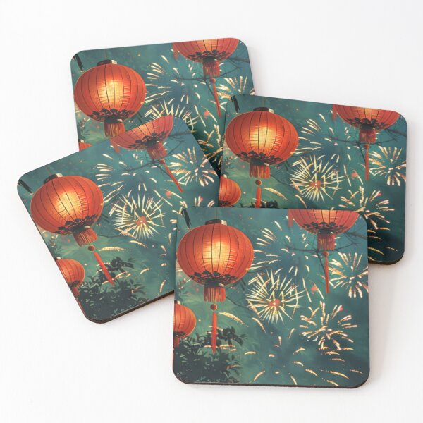 Item preview, Traditional Chinese lanterns against fireworks in night sky, background, AI generated designed and sold by dvoevnore.