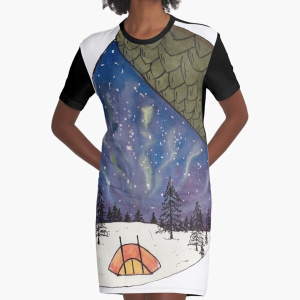 Camping under Aurora Borealis in a Nutshell Graphic T-Shirt Dress