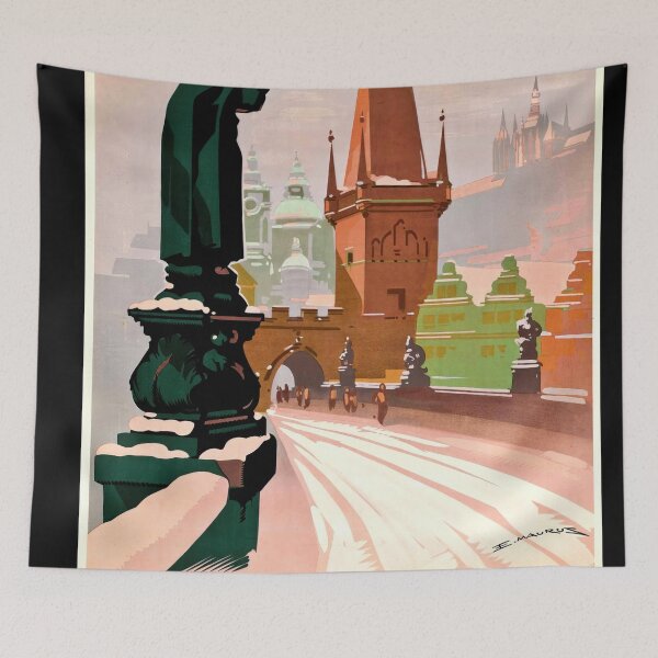 Item preview, Vintage Prague Travel Poster | Art Deco Style by E Maurus | Charles Bridge & Winter Scene | Neige d'Art | Historic Czech City designed and sold by artofuniverse.