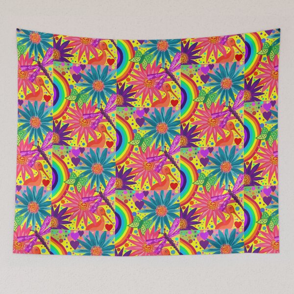 Item preview, Rainbow Garden with Dragonfly and Flowers – Retro Psychedelic Art designed and sold by Vividality.