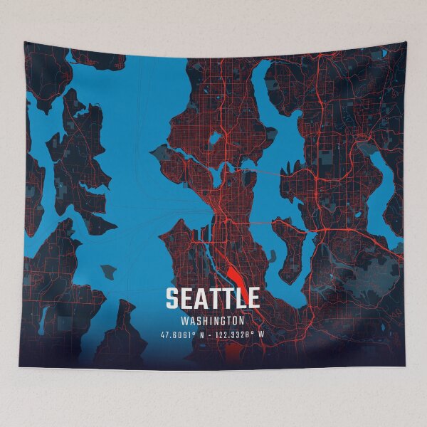 Item preview, Seattle Red & Blue Minimalist Map designed and sold by HomeLivingCo.