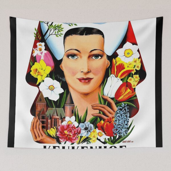 Item preview, Vintage Keukenhof Gardens Poster | Dutch Floral Art | 1953 Spring in Lisse | Traditional Woman & Flowers | Retro Wall Decor designed and sold by artofuniverse.