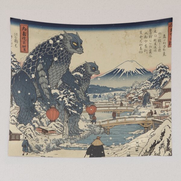 Item preview, Peaceful Bōryū Dragons Among Villagers - Surreal Japanese Winter Ukiyo-e Print designed and sold by Vandy Fullam.