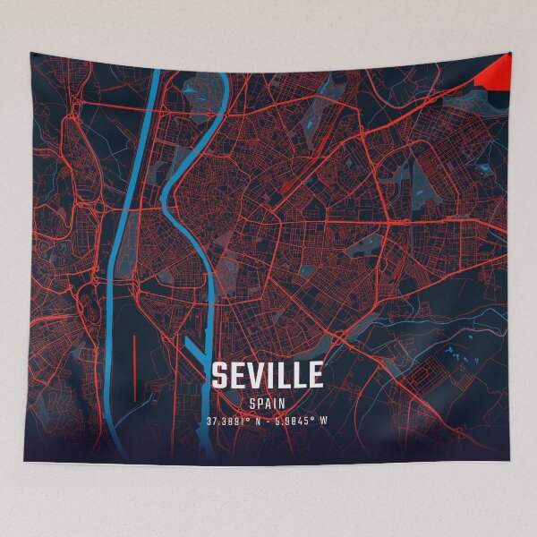 Item preview, Seville Red & Blue Minimalist Map designed and sold by HomeLivingCo.