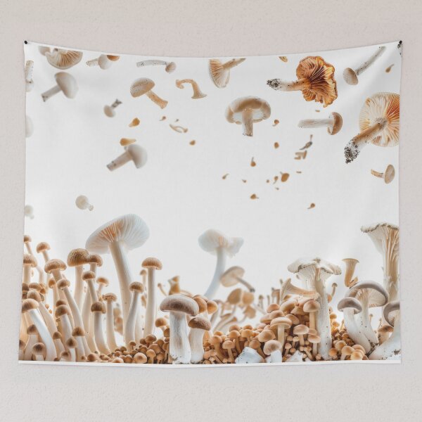 Item preview, Various mushrooms floating in mid-air on white background, AI Generated designed and sold by dvoevnore.