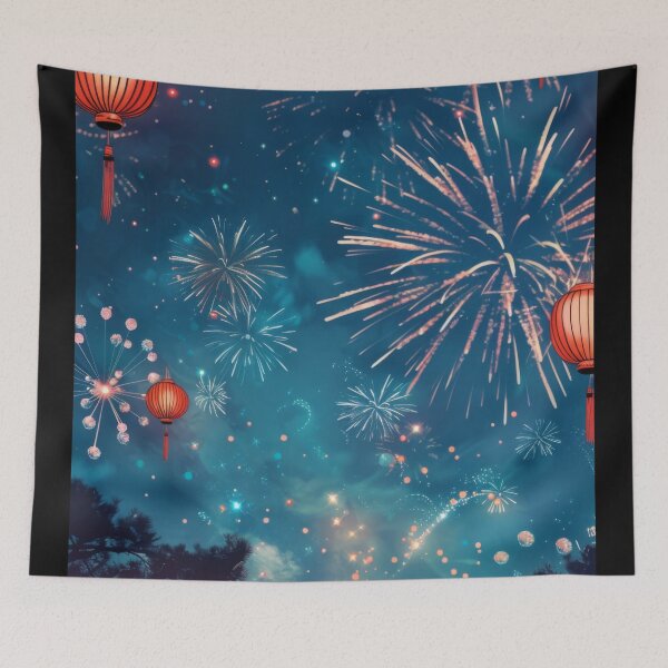 Item preview, Traditional Chinese lanterns against fireworks in night sky, background, AI generated designed and sold by dvoevnore.