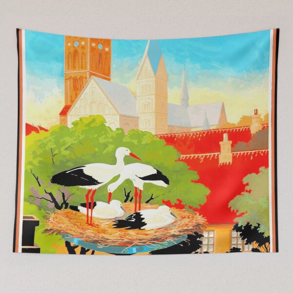 Item preview, Vintage Ribe Travel Poster | Denmark's Town of Storks | Colorful Art Deco Design | Historic Architecture & Scenic Views designed and sold by artofuniverse.