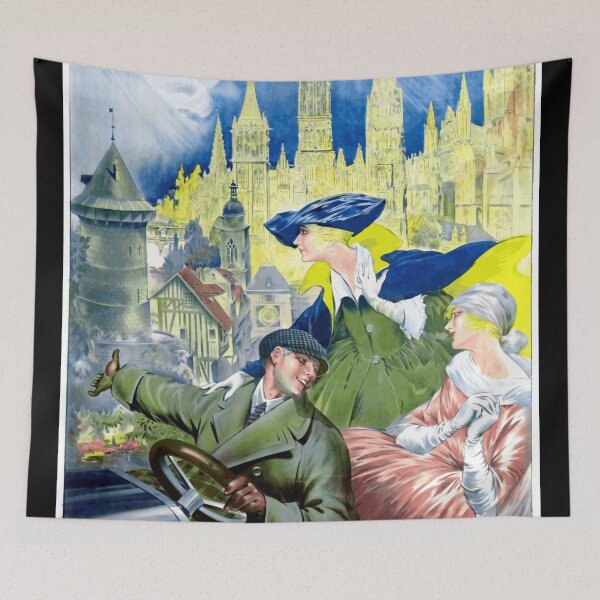 Item preview, Vintage Travel Poster | Art Deco Style Rouen France | 1920s Glamour & Architecture | Elegant Tourists in Car | Gothic Cathedral designed and sold by artofuniverse.
