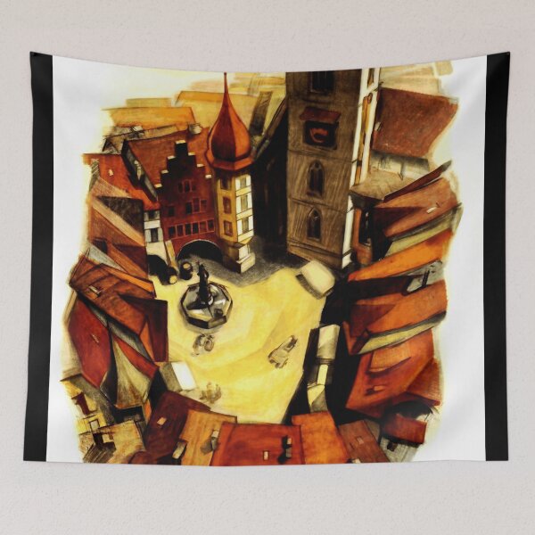 Item preview, Biel/Bienne Swiss Cityscape Poster | Medieval Architecture Art | Aerial View Painting of Swiss Town Square & Lake Biel designed and sold by artofuniverse.