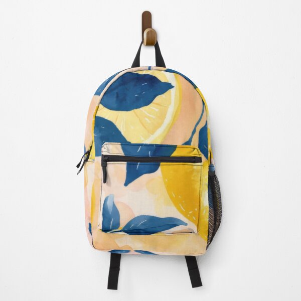 Item preview, Watercolor illustration of yellow lemons with blue leaves on peach background, AI generated designed and sold by dvoevnore.
