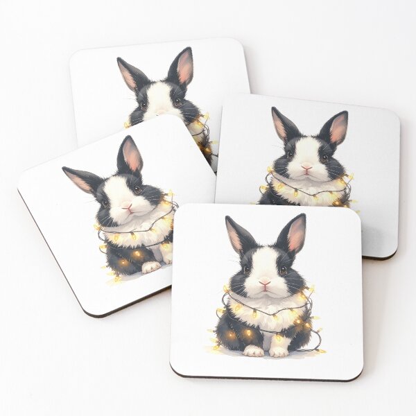 Item preview, Black and white dwarf rabbit wrapped with Christmas lights, rabbit designed and sold by LiskoDesign.