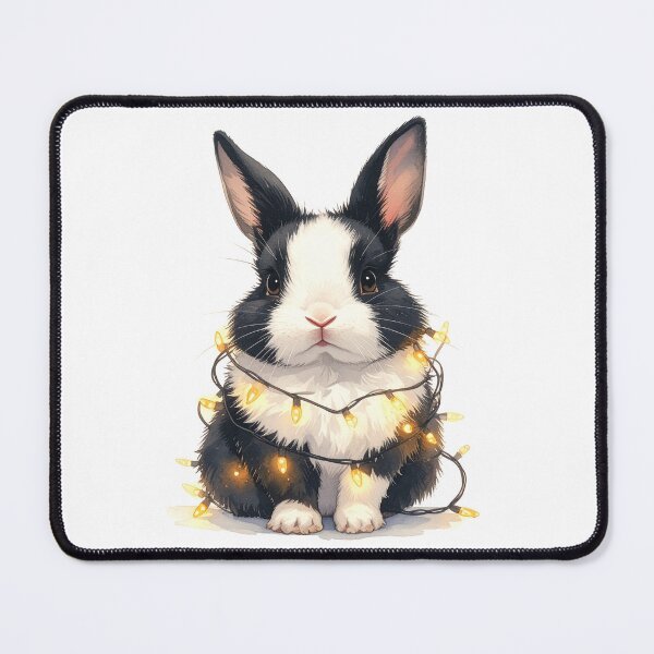 Item preview, Black and white dwarf rabbit wrapped with Christmas lights, rabbit designed and sold by LiskoDesign.