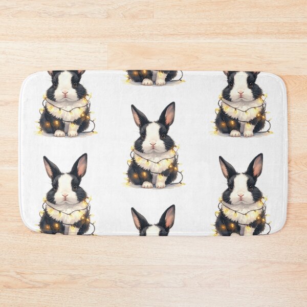 Item preview, Black and white dwarf rabbit wrapped with Christmas lights, rabbit designed and sold by LiskoDesign.