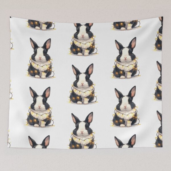 Item preview, Black and white dwarf rabbit wrapped with Christmas lights, rabbit designed and sold by LiskoDesign.