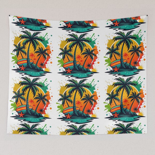 Item preview, Tropical Sunset Island with Surfboard and Starfish designed and sold by ArtfulWeave.