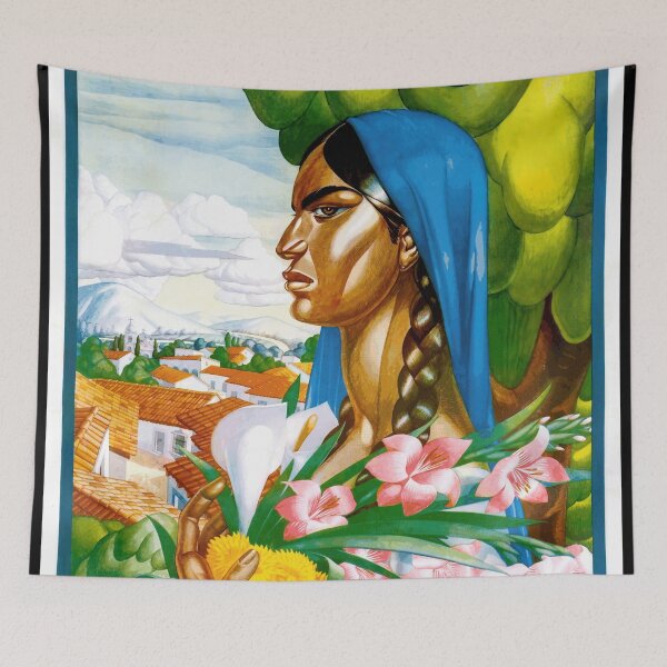 Item preview, Vintage Mexican Travel Poster | Stylized Woman with Flowers | Mexican Muralism Art | A. X. Peña | Cultural Pride & Beauty designed and sold by artofuniverse.