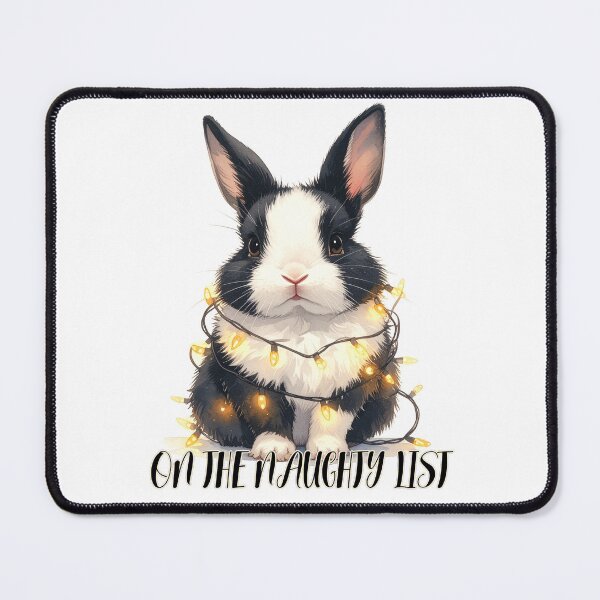 Item preview, Black and white bunny wrapped with Christmas lights, naughty list designed and sold by LiskoDesign.
