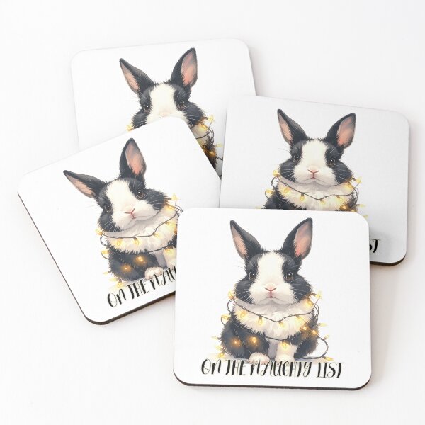 Item preview, Black and white bunny wrapped with Christmas lights, naughty list designed and sold by LiskoDesign.