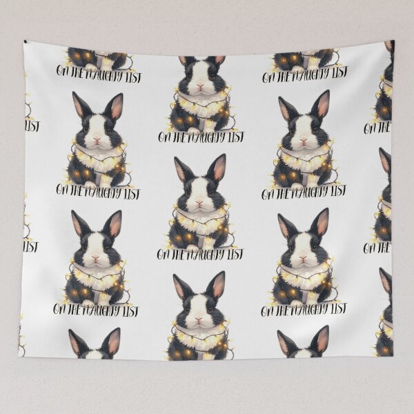 Item preview, Black and white bunny wrapped with Christmas lights, naughty list designed and sold by LiskoDesign.