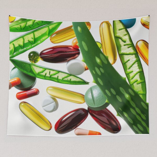 Item preview, Aloe vera leaves and various capsules on white background, AI Generated designed and sold by dvoevnore.