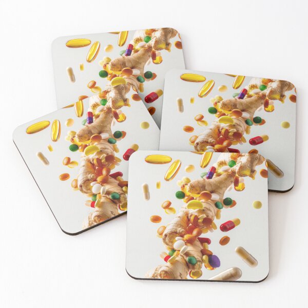 Item preview, Ginger roots and various colorful pills on white background, concept of health and alternative medicine, AI Generated designed and sold by dvoevnore.
