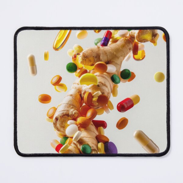 Item preview, Ginger roots and various colorful pills on white background, concept of health and alternative medicine, AI Generated designed and sold by dvoevnore.