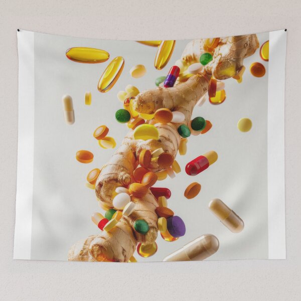 Item preview, Ginger roots and various colorful pills on white background, concept of health and alternative medicine, AI Generated designed and sold by dvoevnore.
